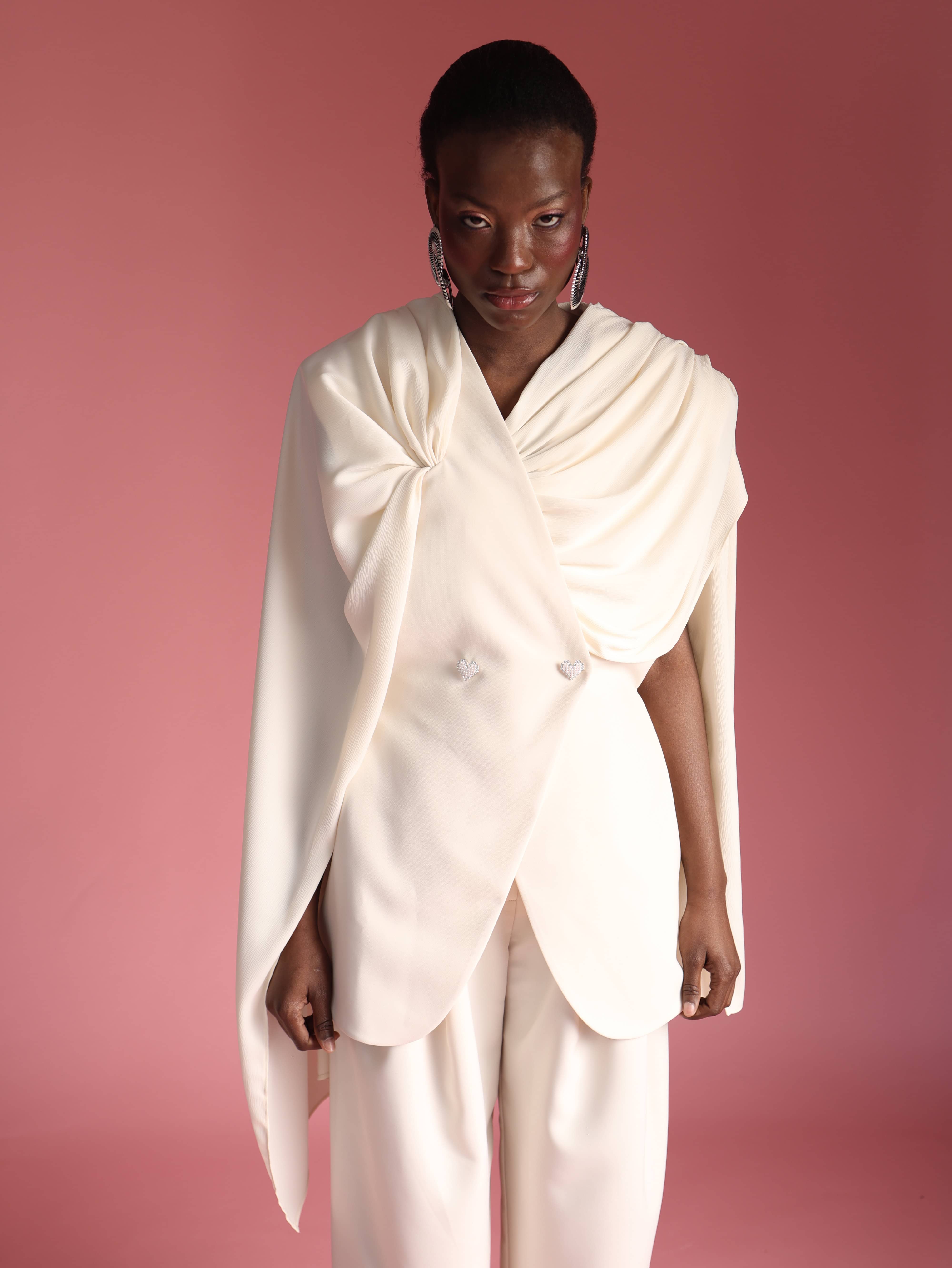 WHITE IVORY SILK CAPE SET